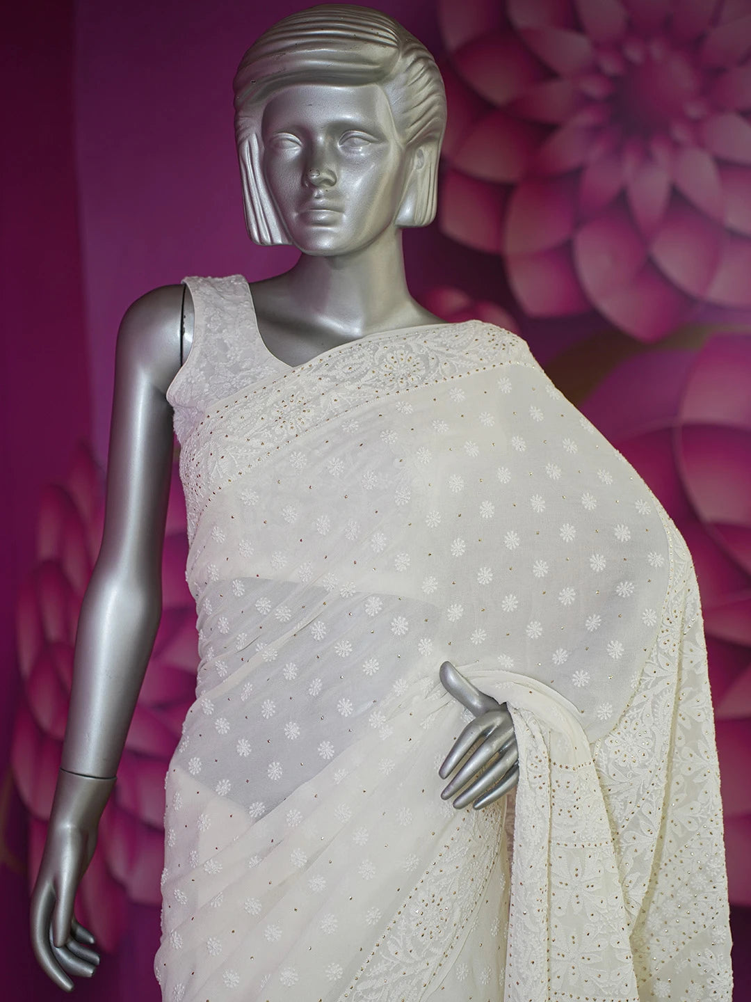 Ada Hand Embroidered White Pure Georgette Lucknowi Chikankari Saree and Blouse With Muqaish Work 01A449532