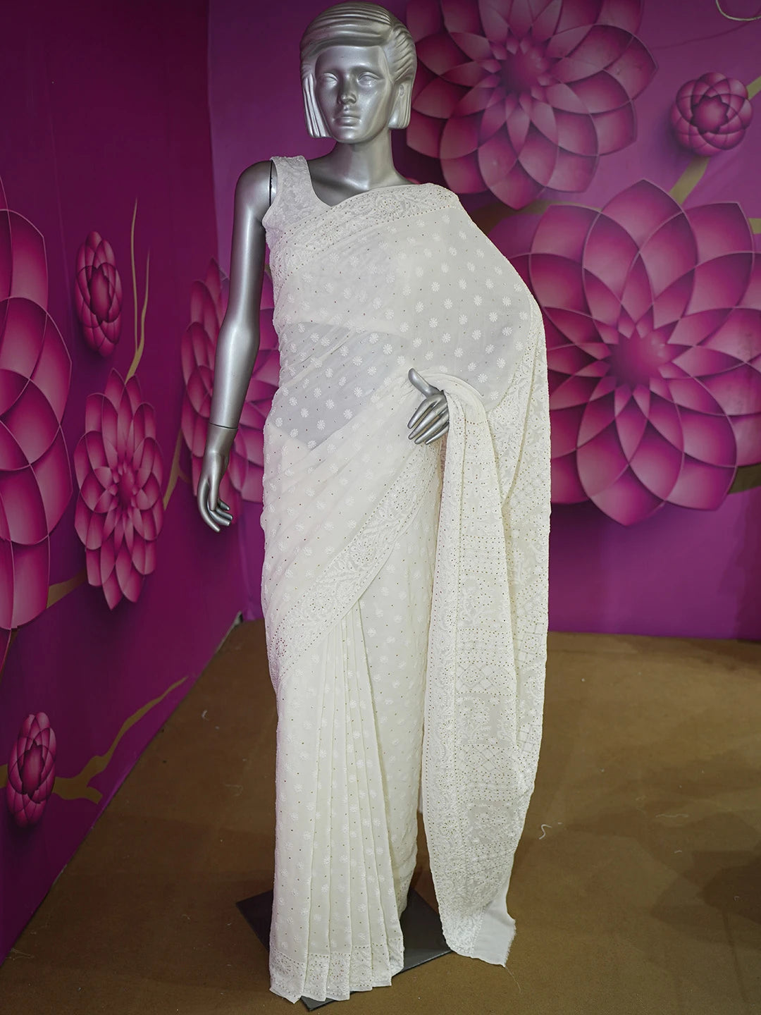 Ada Hand Embroidered White Pure Georgette Lucknowi Chikankari Saree and Blouse With Muqaish Work 01A449532