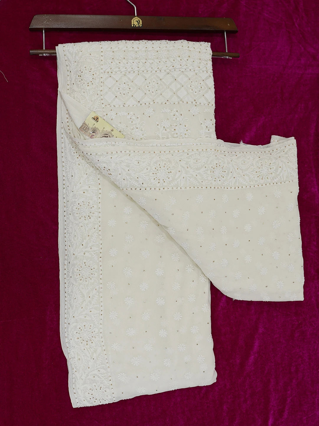 Ada Hand Embroidered White Pure Georgette Lucknowi Chikankari Saree and Blouse With Muqaish Work 01A449532