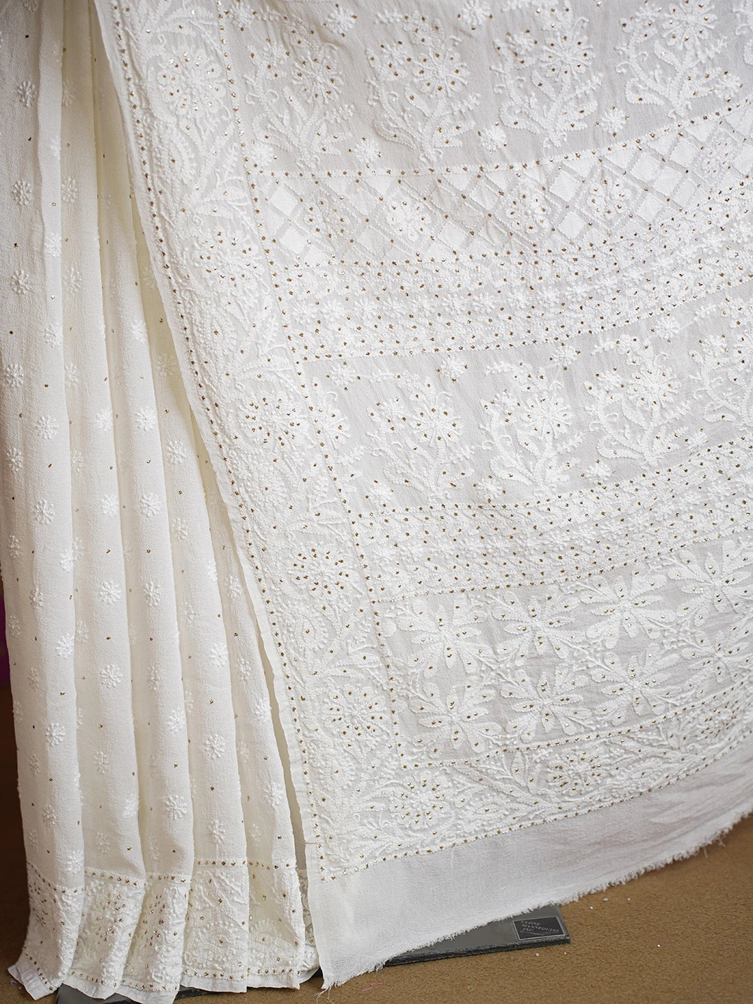 Ada Hand Embroidered White Pure Georgette Lucknowi Chikankari Saree and Blouse With Muqaish Work 01A449532