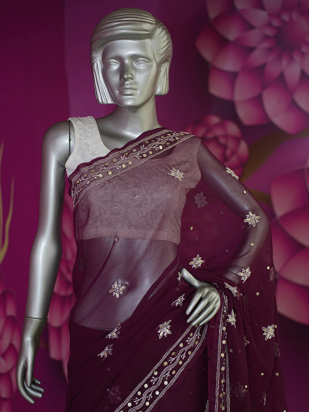 Ada Hand Embroidered Wine Georgette Lucknowi Chikankari Saree and Blouse with Gota Patti Work 01A576881