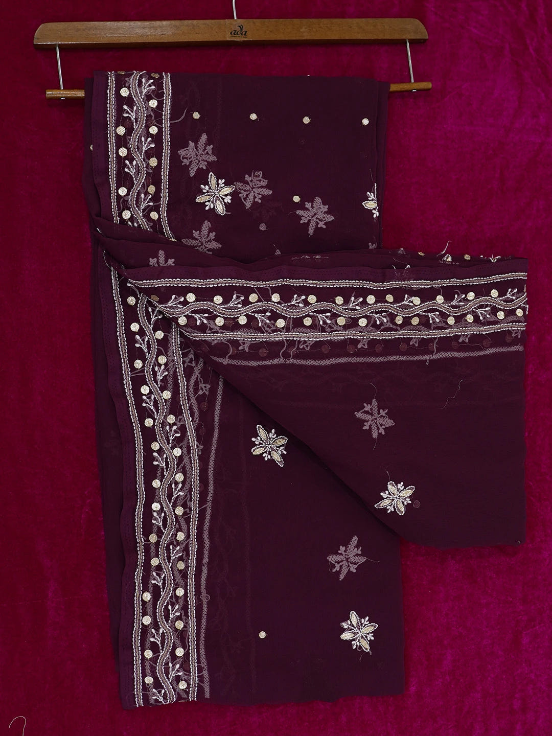 Ada Hand Embroidered Wine Georgette Lucknowi Chikankari Saree and Blouse with Gota Patti Work 01A576881