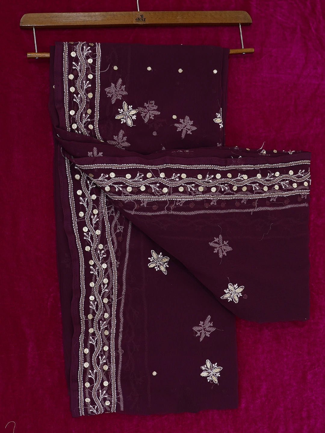 Ada Hand Embroidered Wine Georgette Lucknowi Chikankari Saree and Blouse with Gota Patti Work 01A576881