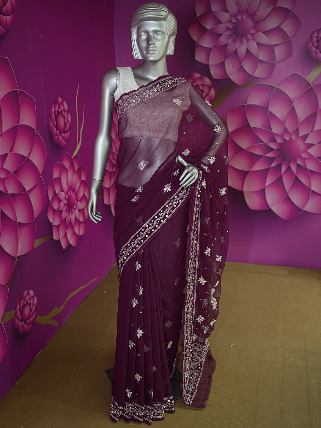 Ada Hand Embroidered Wine Georgette Lucknowi Chikankari Saree and Blouse with Gota Patti Work 01A576881