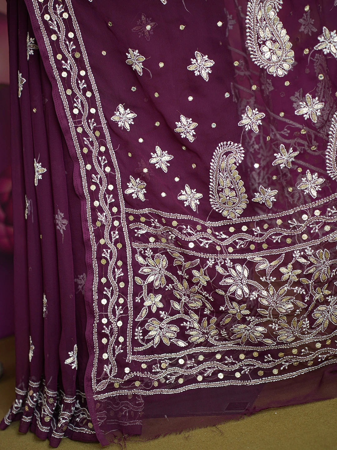Ada Hand Embroidered Wine Georgette Lucknowi Chikankari Saree and Blouse with Gota Patti Work 01A576881