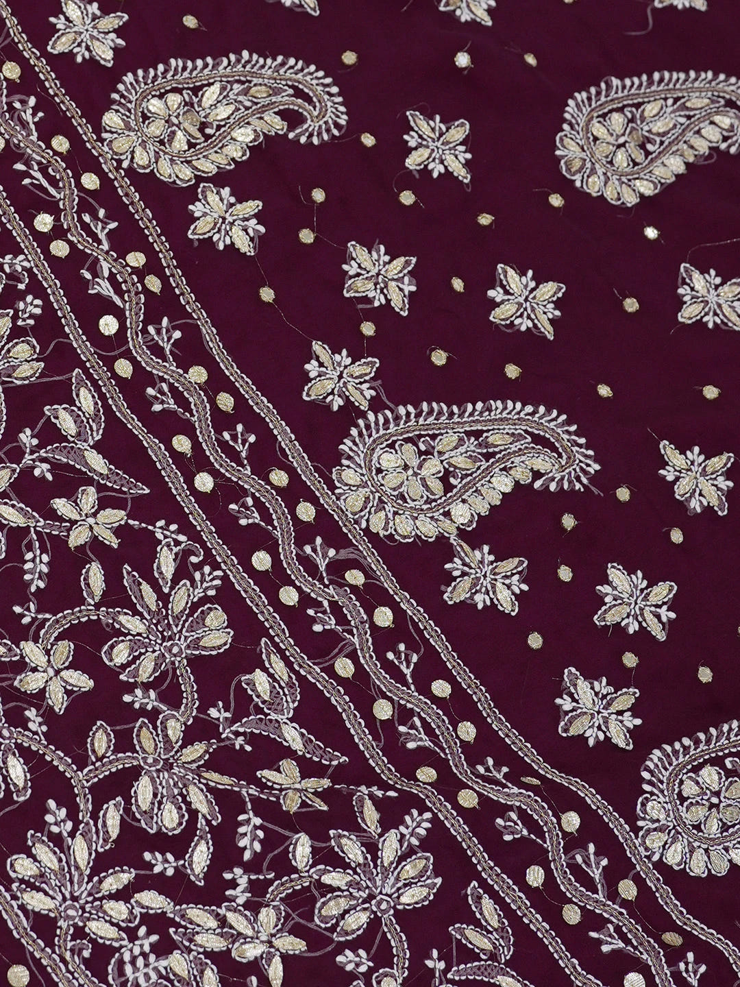 Ada Hand Embroidered Wine Georgette Lucknowi Chikankari Saree and Blouse with Gota Patti Work 01A576881