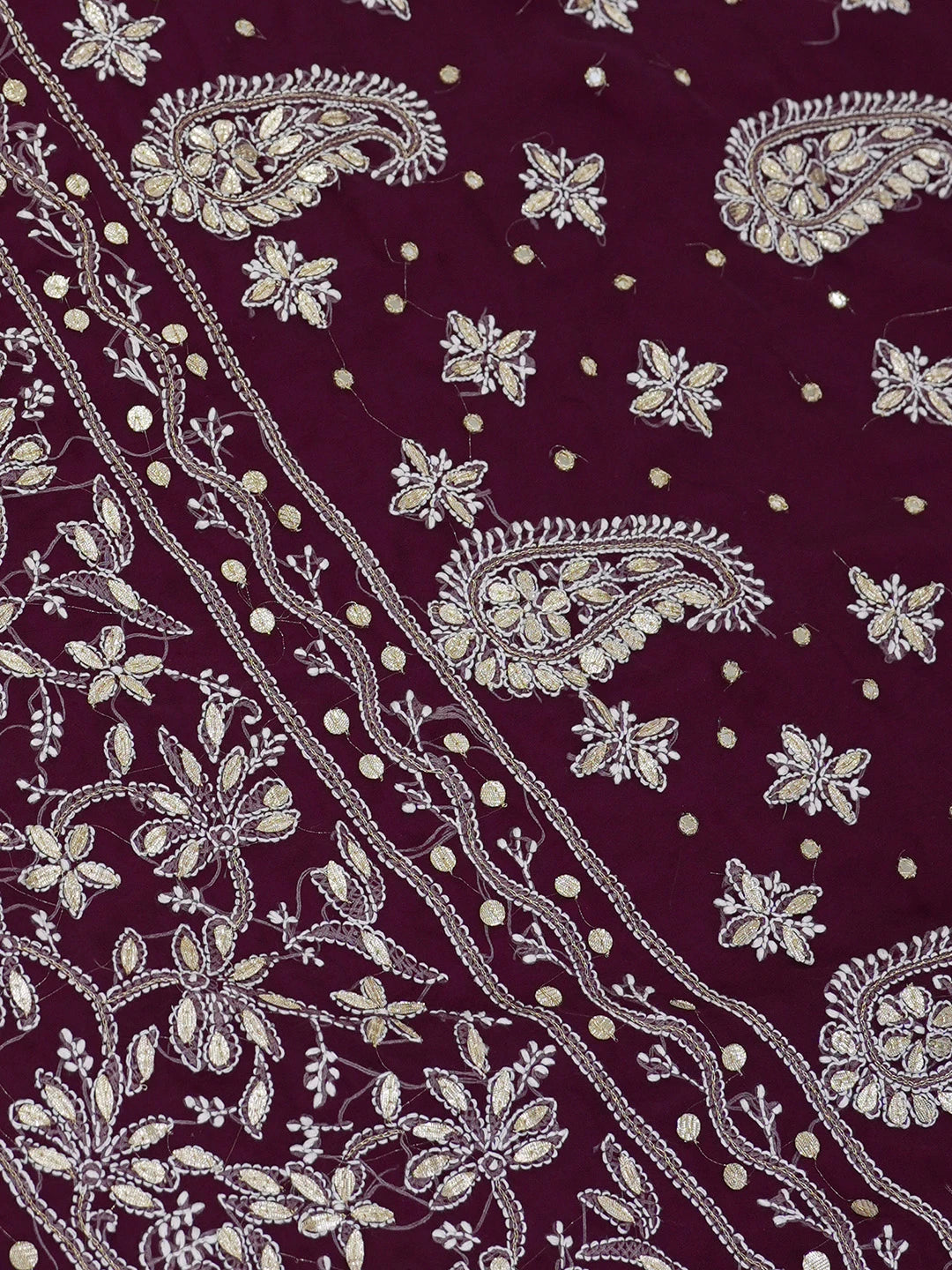 Ada Hand Embroidered Wine Georgette Lucknowi Chikankari Saree and Blouse with Gota Patti Work 01A576881