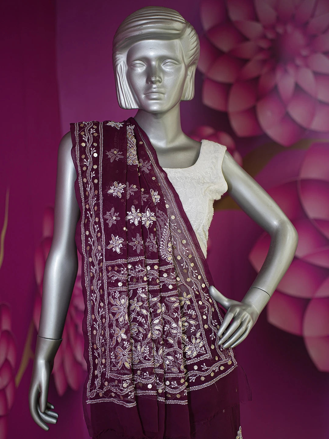 Ada Hand Embroidered Wine Georgette Lucknowi Chikankari Saree and Blouse with Gota Patti Work 01A576881
