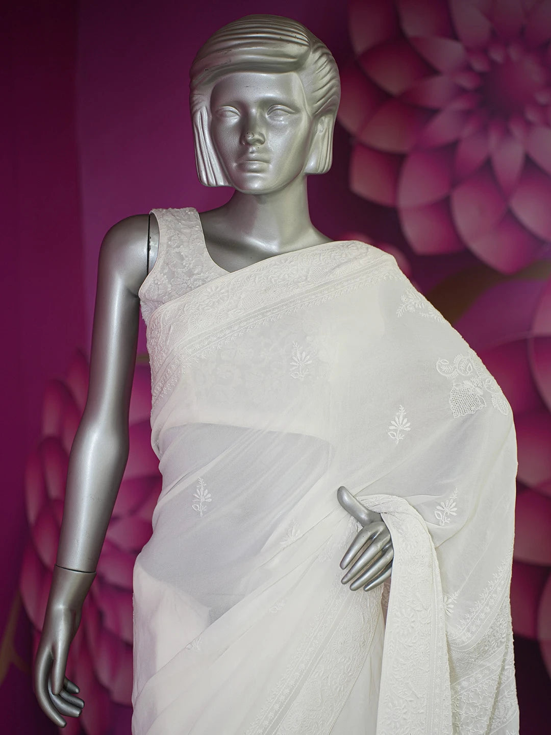 Ada Hand Embroidered Ivory White Pure Georgette Lucknowi Chikankari Saree With Blouse 01A553555
