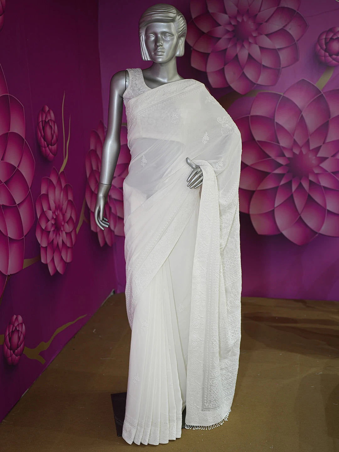 Ada Hand Embroidered Ivory White Pure Georgette Lucknowi Chikankari Saree With Blouse 01A553555
