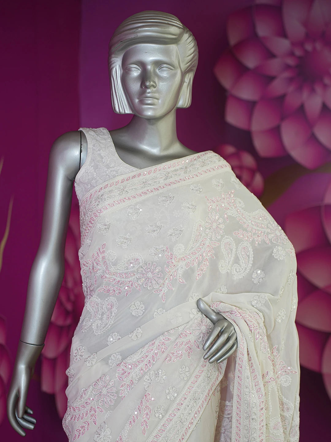 Ada Hand Embroidered White Pure Georgette Lucknowi Chikankari Saree/Blouse With Sequinned and Zari Work 01A512848