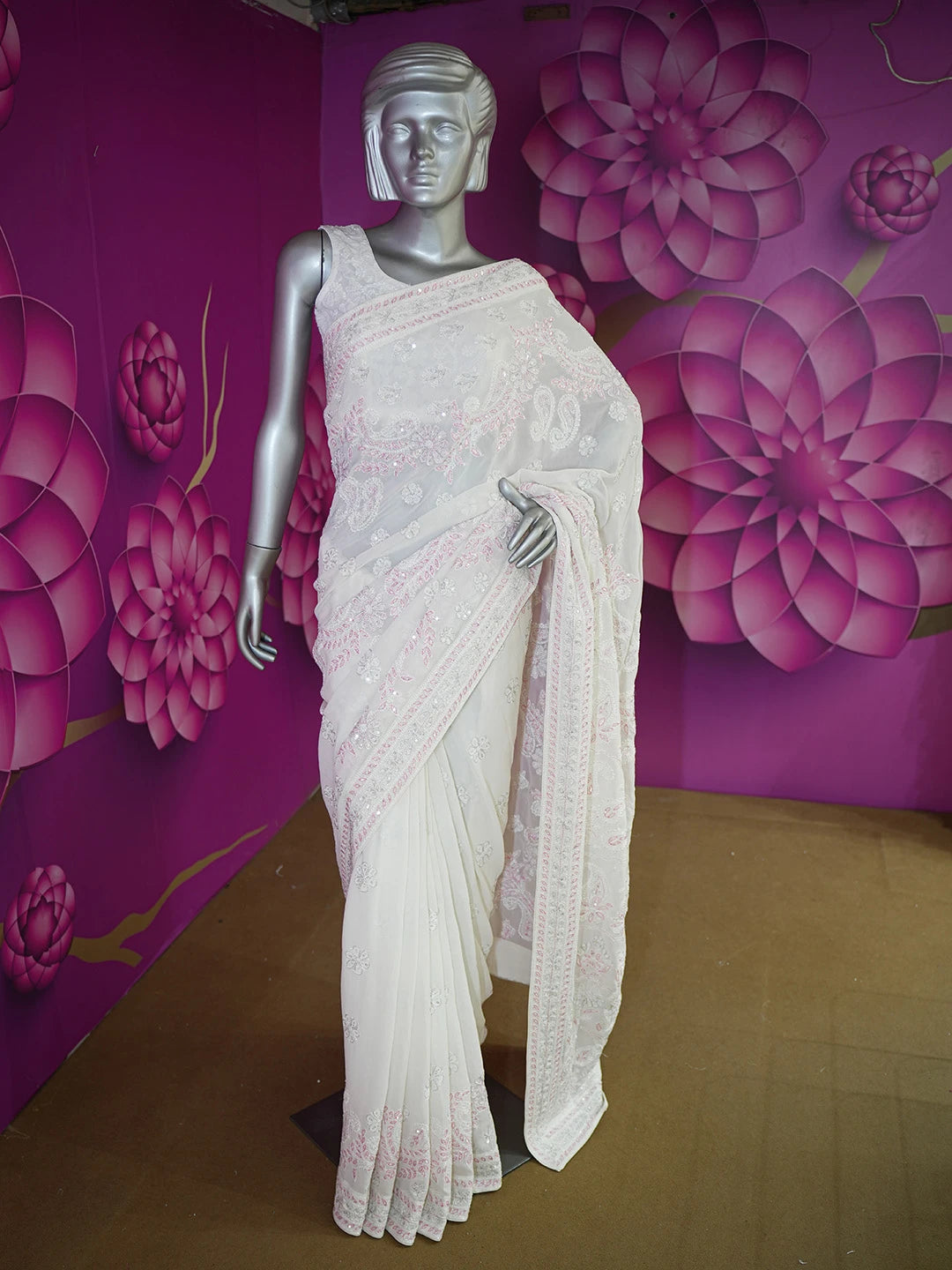 Ada Hand Embroidered White Pure Georgette Lucknowi Chikankari Saree/Blouse With Sequinned and Zari Work 01A512848
