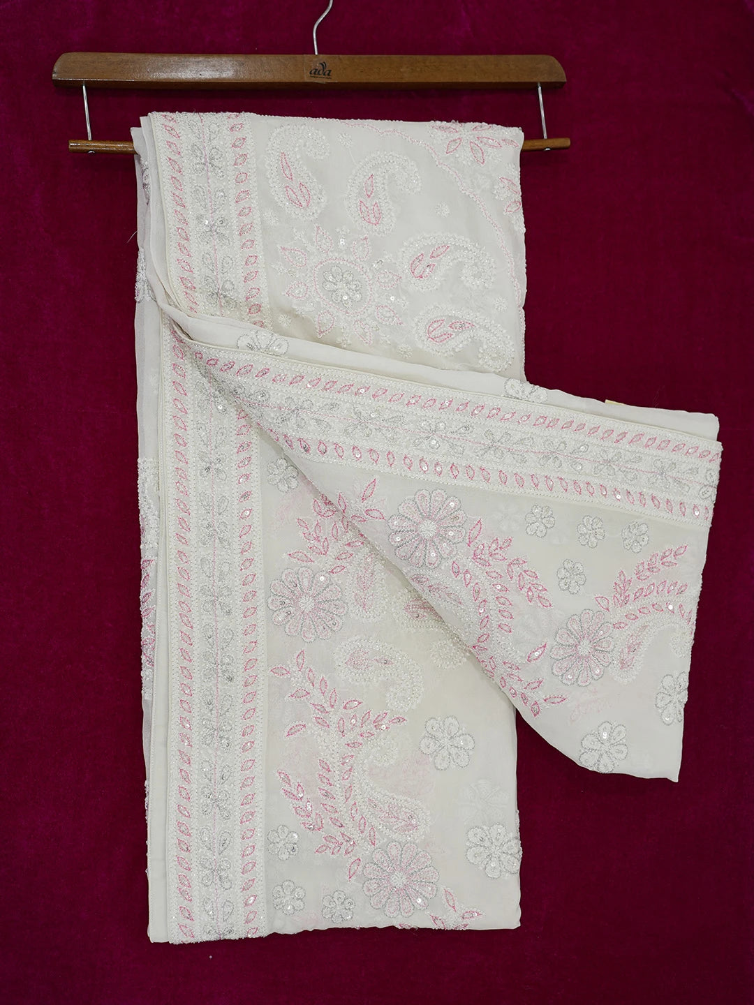 Ada Hand Embroidered White Pure Georgette Lucknowi Chikankari Saree/Blouse With Sequinned and Zari Work 01A512848