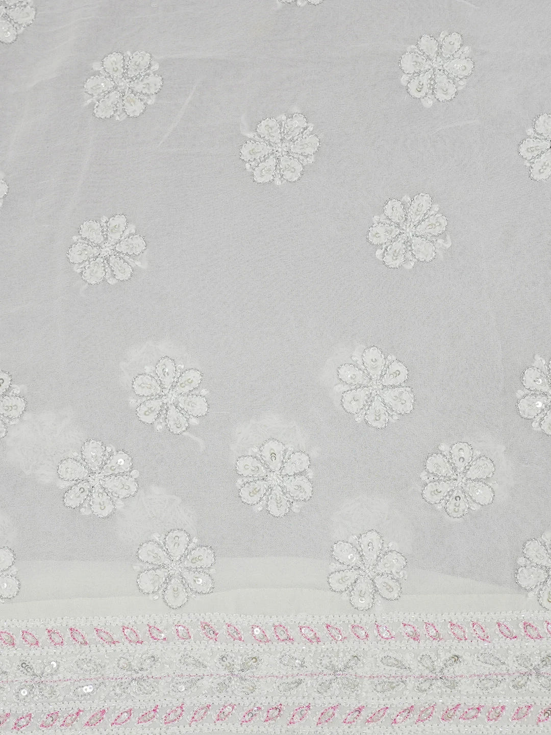 Ada Hand Embroidered White Pure Georgette Lucknowi Chikankari Saree/Blouse With Sequinned and Zari Work 01A512848