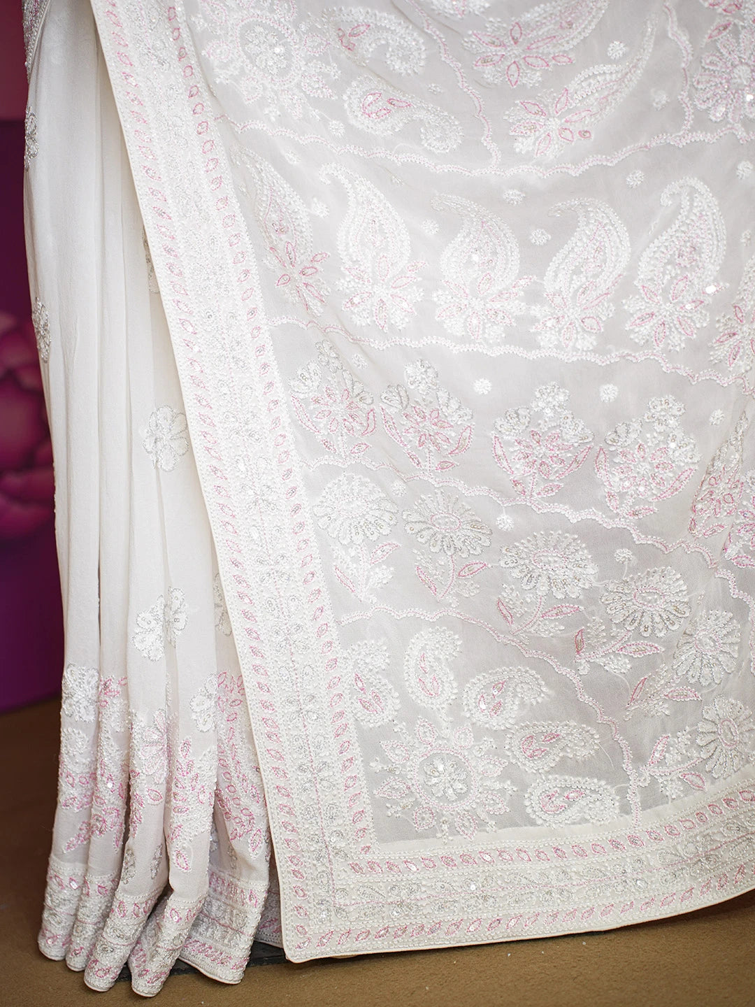 Ada Hand Embroidered White Pure Georgette Lucknowi Chikankari Saree/Blouse With Sequinned and Zari Work 01A512848