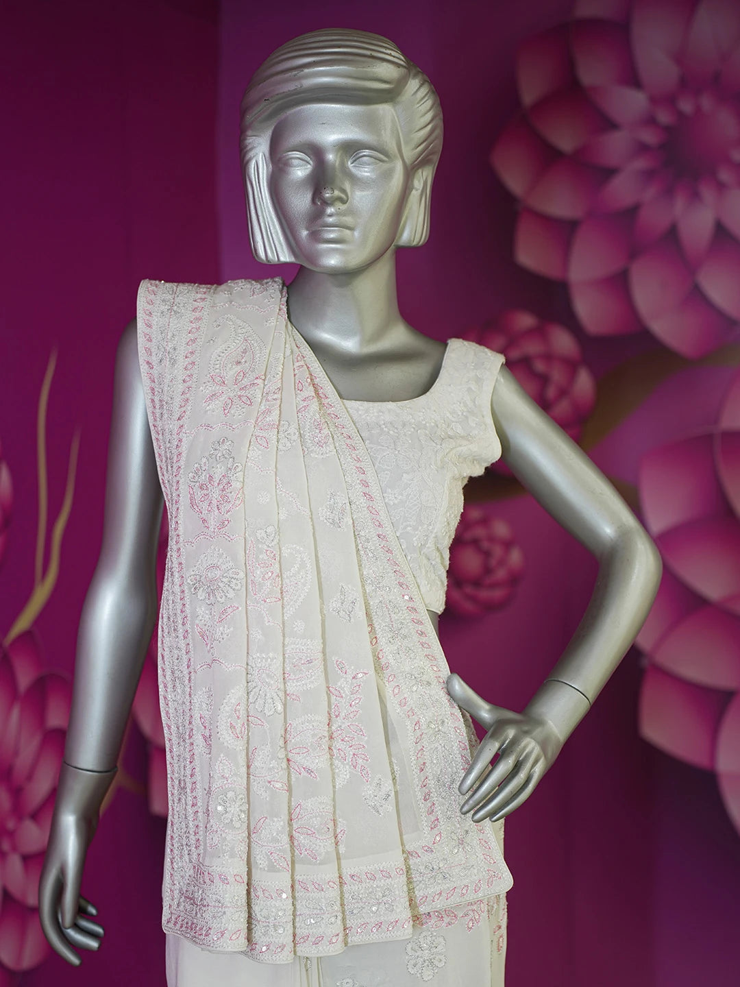 Ada Hand Embroidered White Pure Georgette Lucknowi Chikankari Saree/Blouse With Sequinned and Zari Work 01A512848