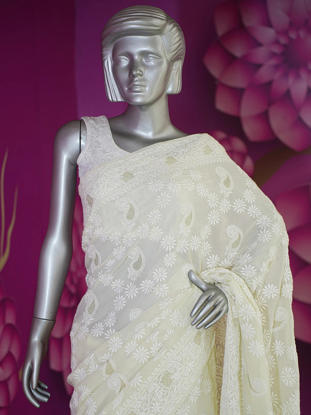 Ada Hand Embroidered Lemon Pure Georgette Lucknowi Chikankari Saree With Blouse A490060