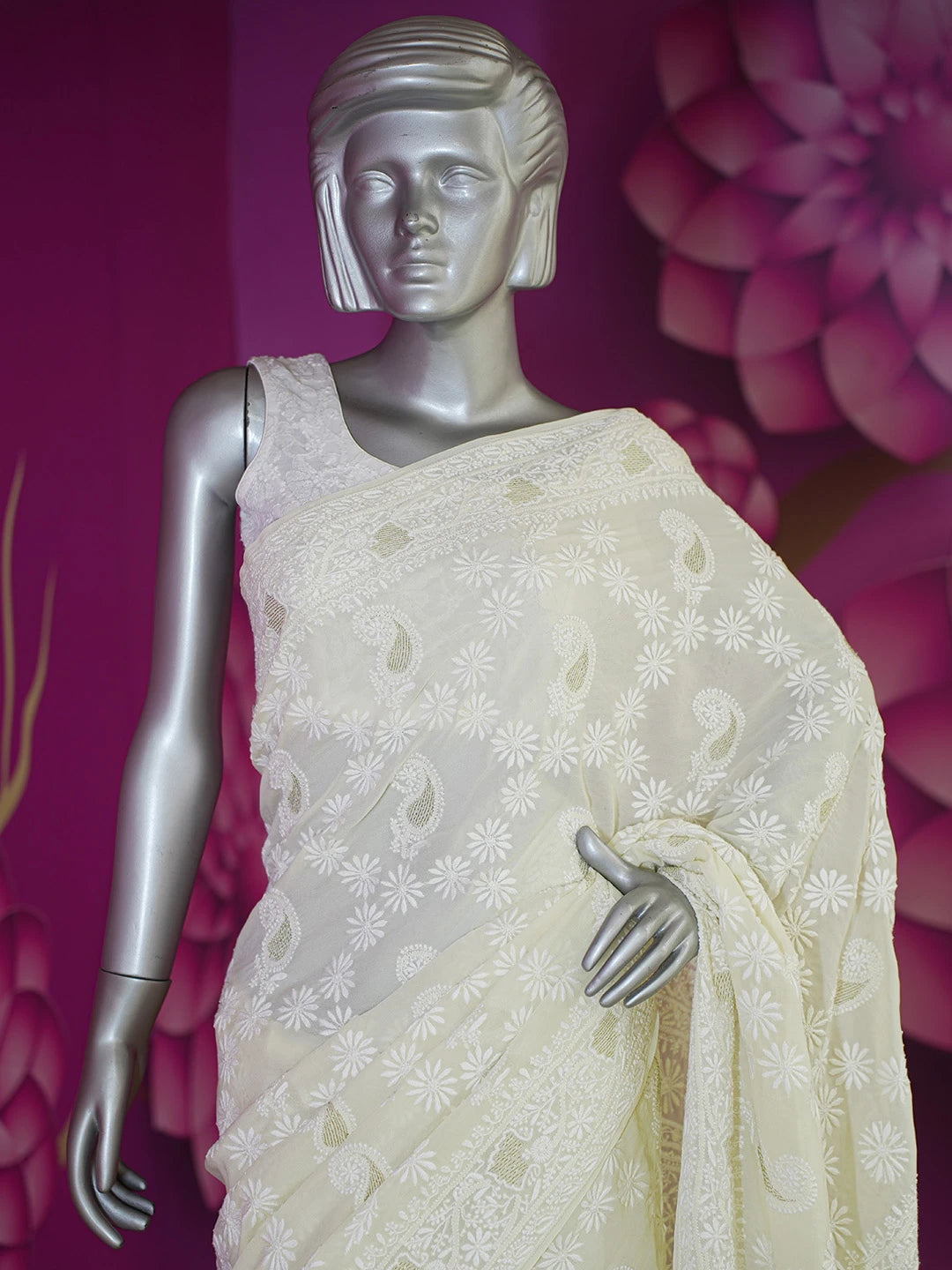 Ada Hand Embroidered Lemon Pure Georgette Lucknowi Chikankari Saree With Blouse A490060