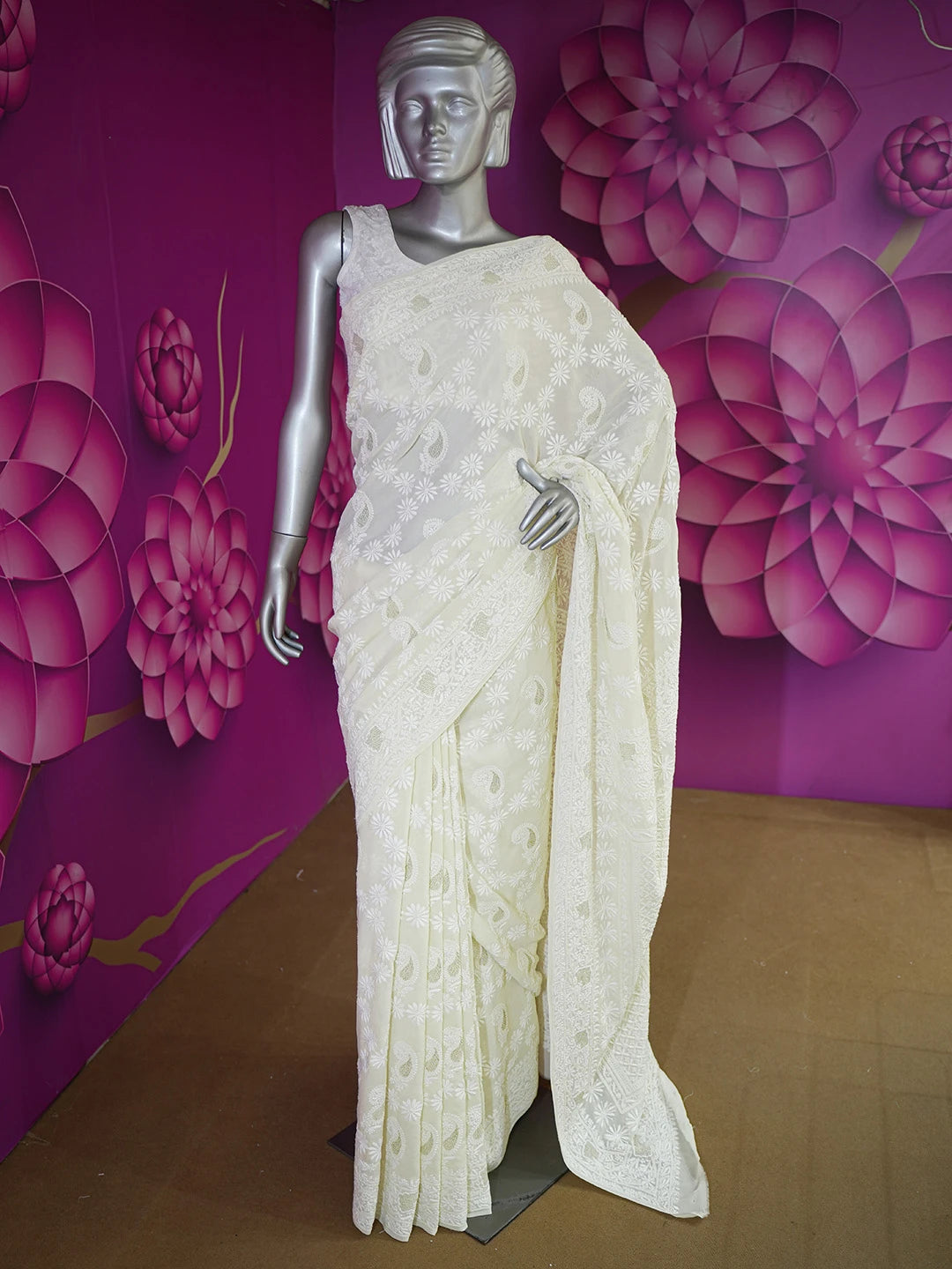 Ada Hand Embroidered Lemon Pure Georgette Lucknowi Chikankari Saree With Blouse A490060