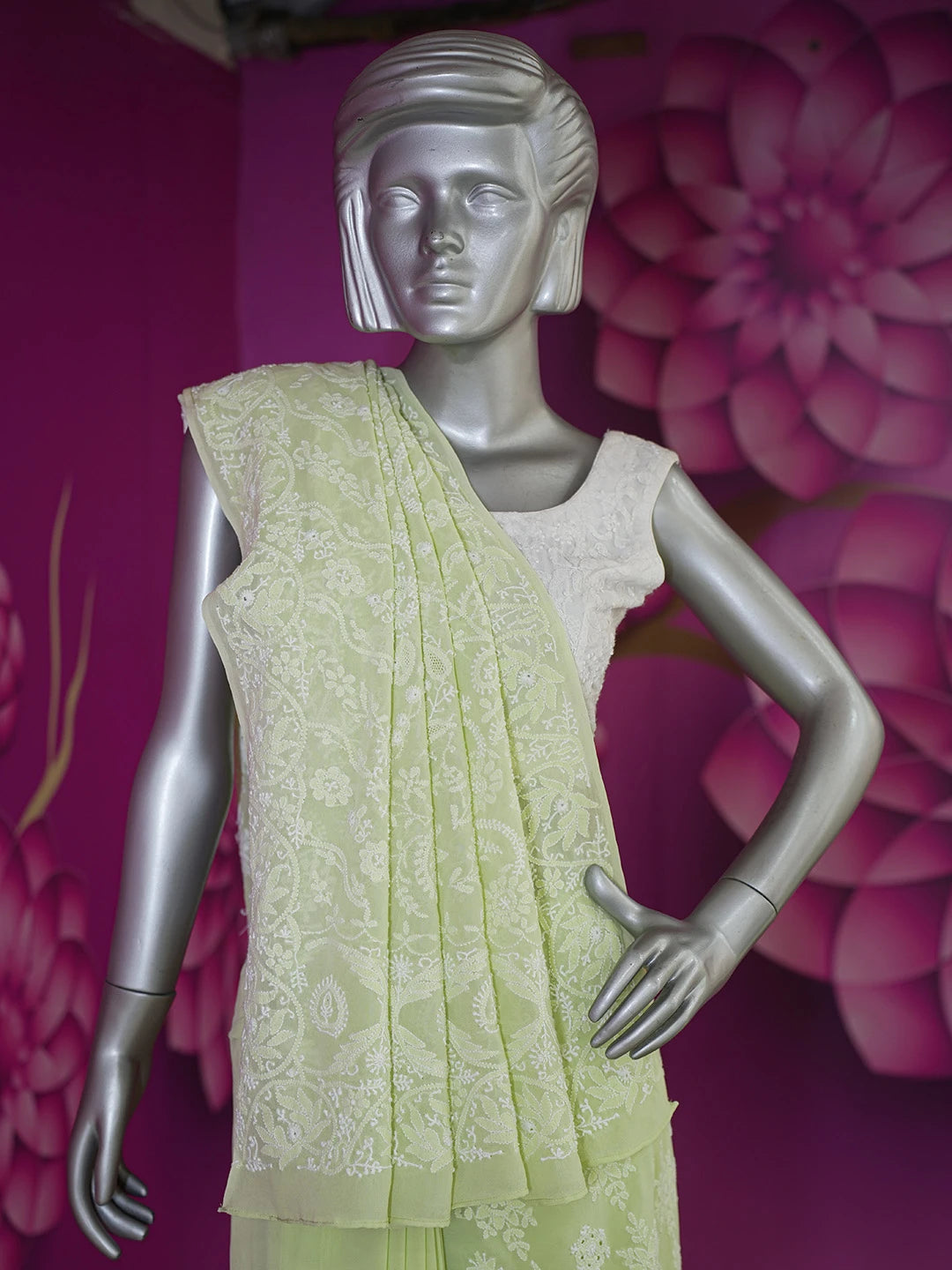 Ada Hand Embroidered Light Pista Green Pure Georgette Lucknowi Chikankari Saree and Blouse 01A475561