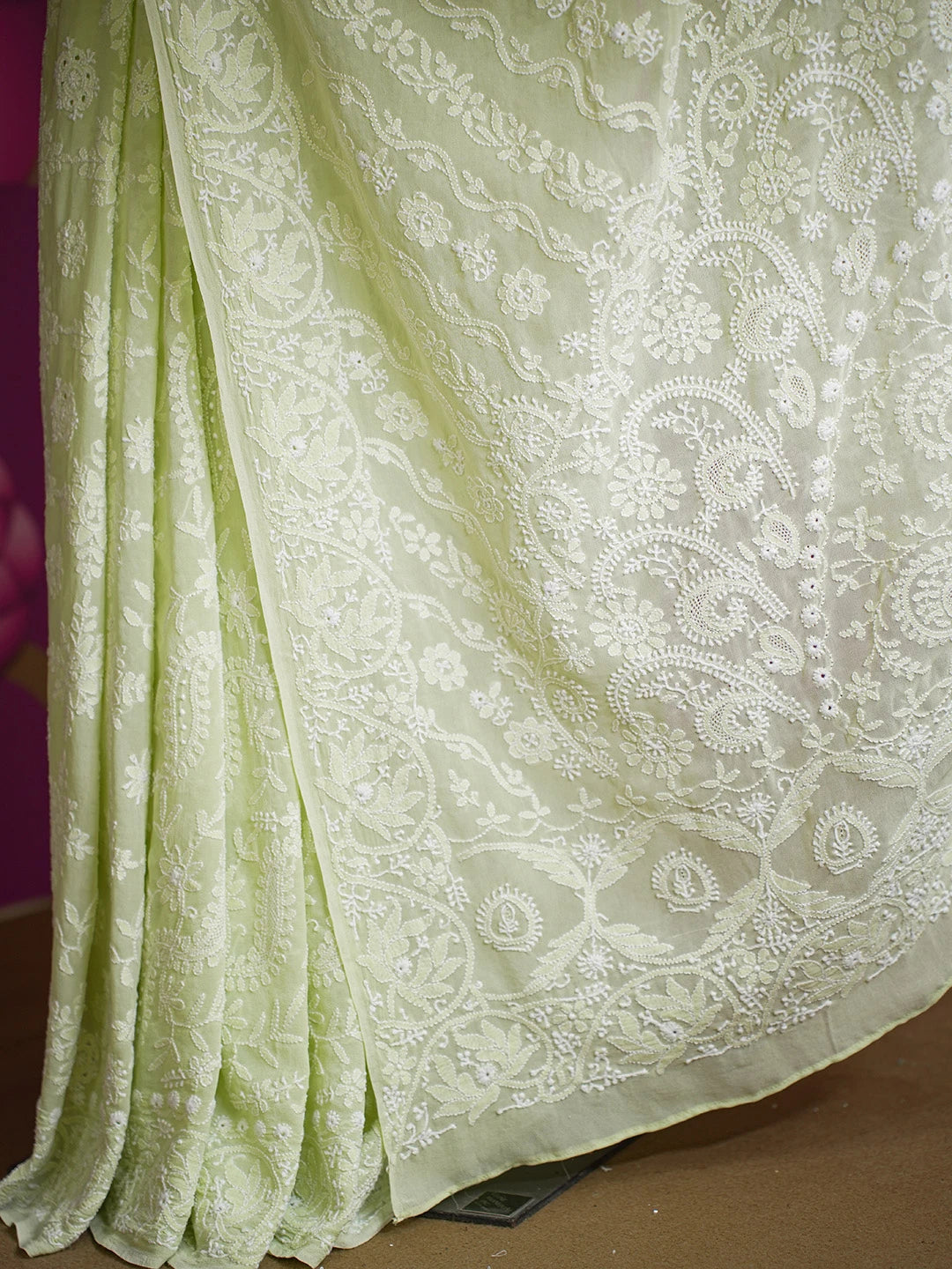 Ada Hand Embroidered Light Pista Green Pure Georgette Lucknowi Chikankari Saree and Blouse 01A475561