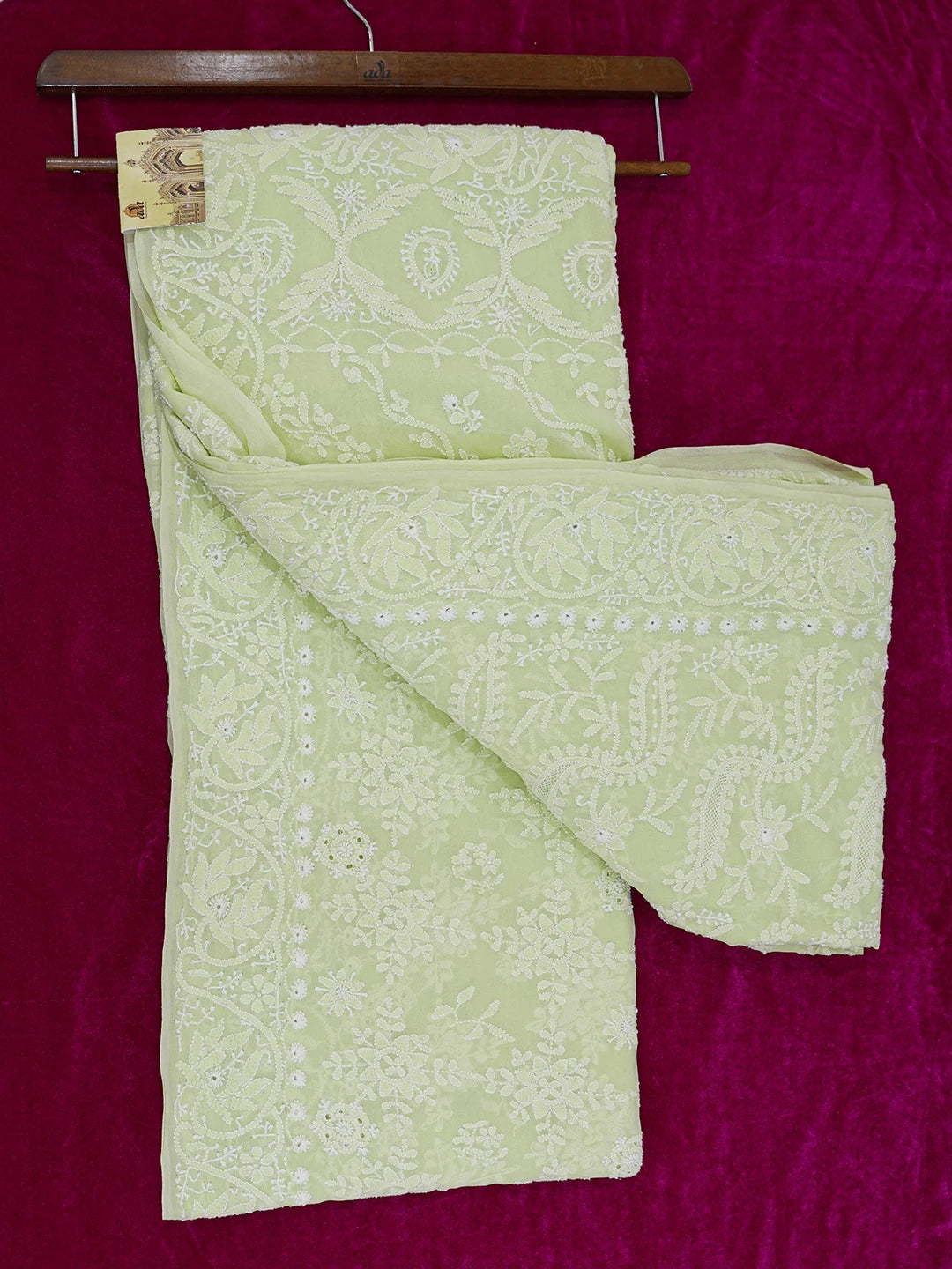 Ada Hand Embroidered Light Pista Green Pure Georgette Lucknowi Chikankari Saree and Blouse 01A475561