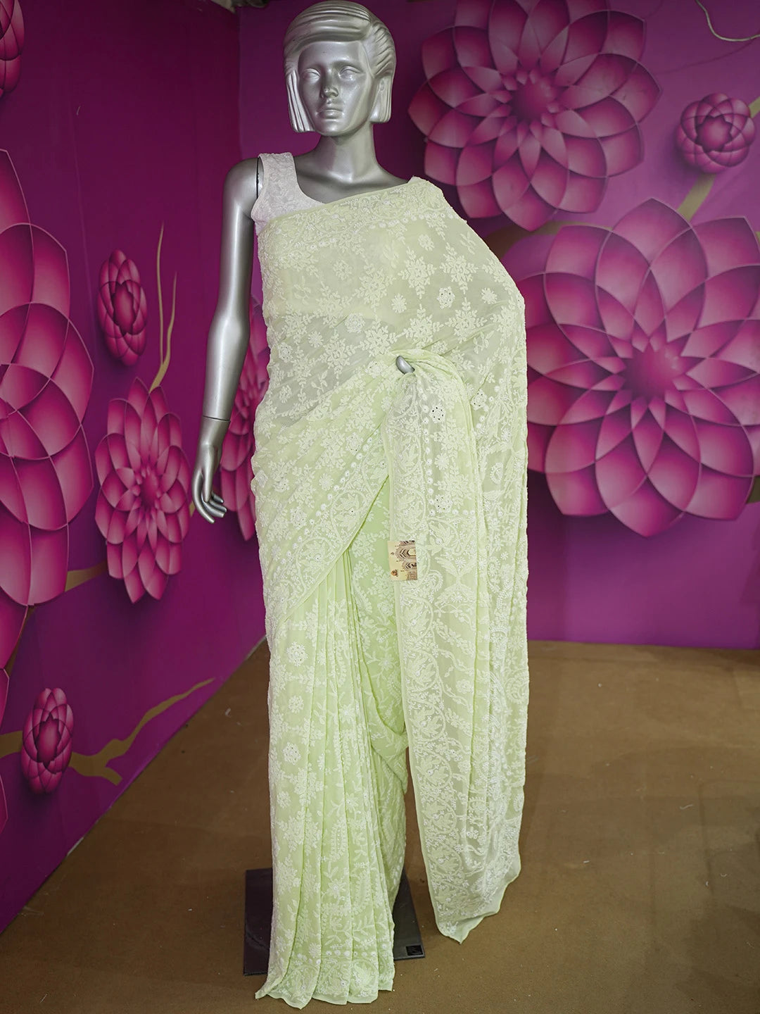 Ada Hand Embroidered Light Pista Green Pure Georgette Lucknowi Chikankari Saree and Blouse 01A475561