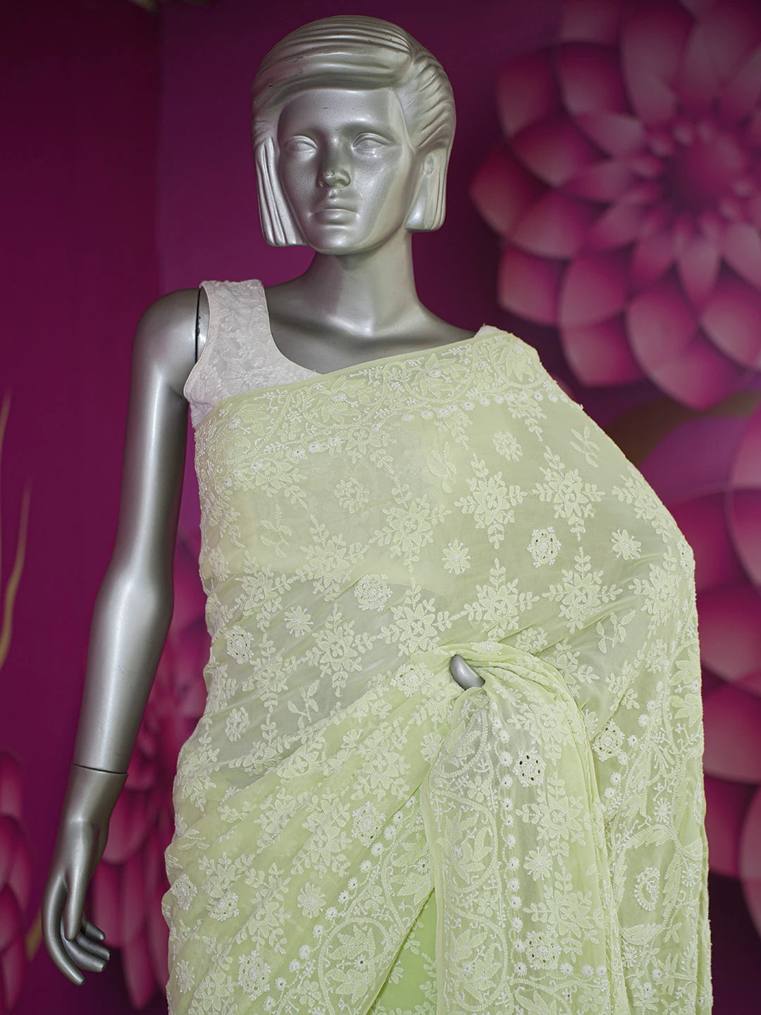 Ada Hand Embroidered Light Pista Green Pure Georgette Lucknowi Chikankari Saree and Blouse 01A475561