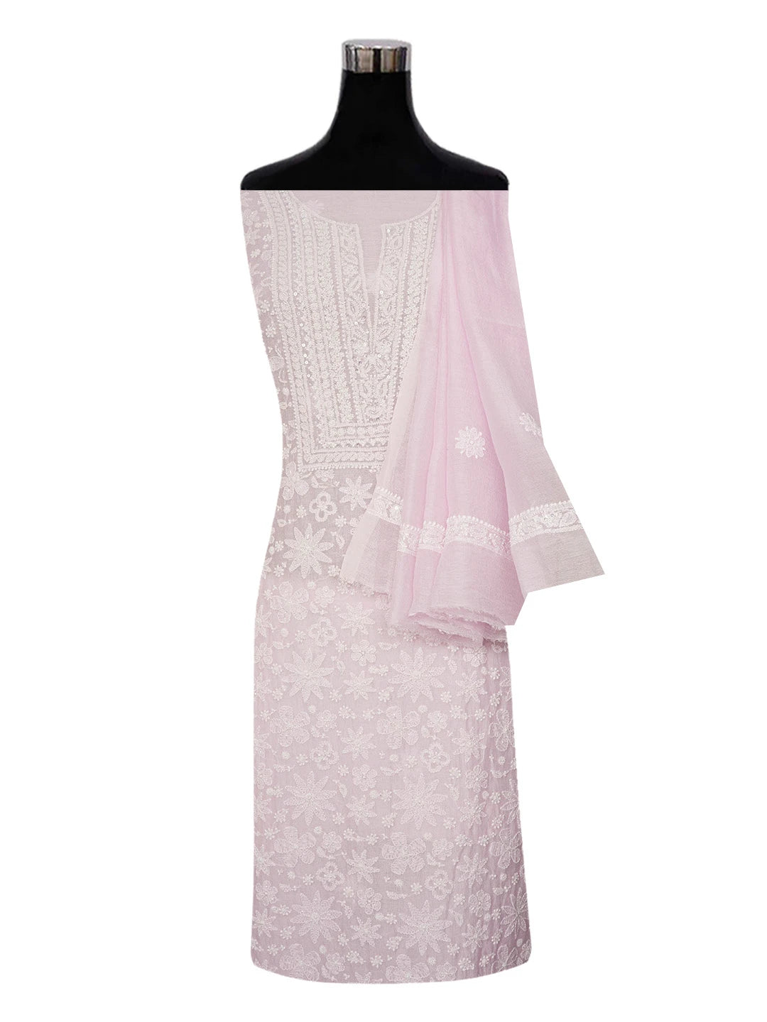Ada Hand Embroidered Pink Kota Lucknowi Chikankari Unstitched Kurta Dupatta Set With Cutdana and Sequinned Work 01A610882