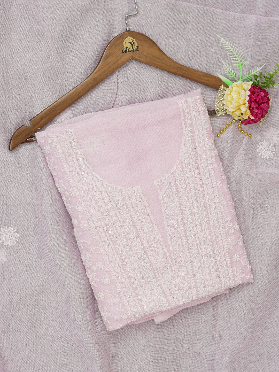 Ada Hand Embroidered Pink Kota Lucknowi Chikankari Unstitched Kurta Dupatta Set With Cutdana and Sequinned Work 01A610882