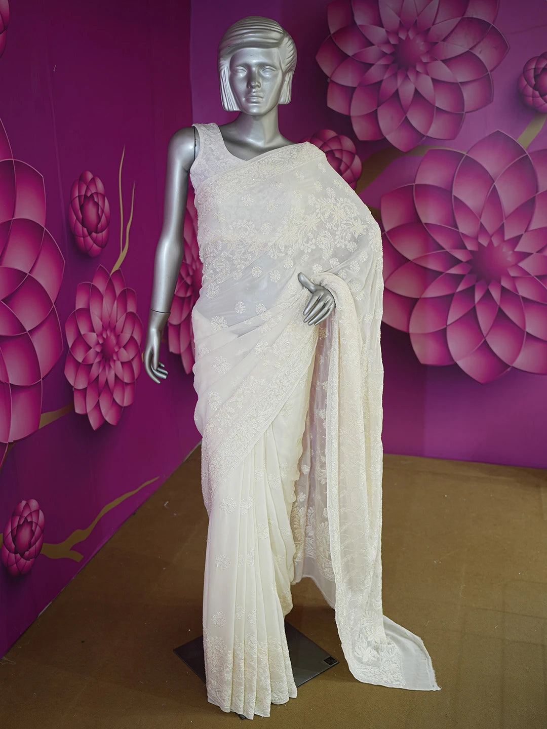Ada Hand Embroidered White Pure Georgette Lucknowi Chikankari Saree and Blouse With Cutdana Work 01A467239