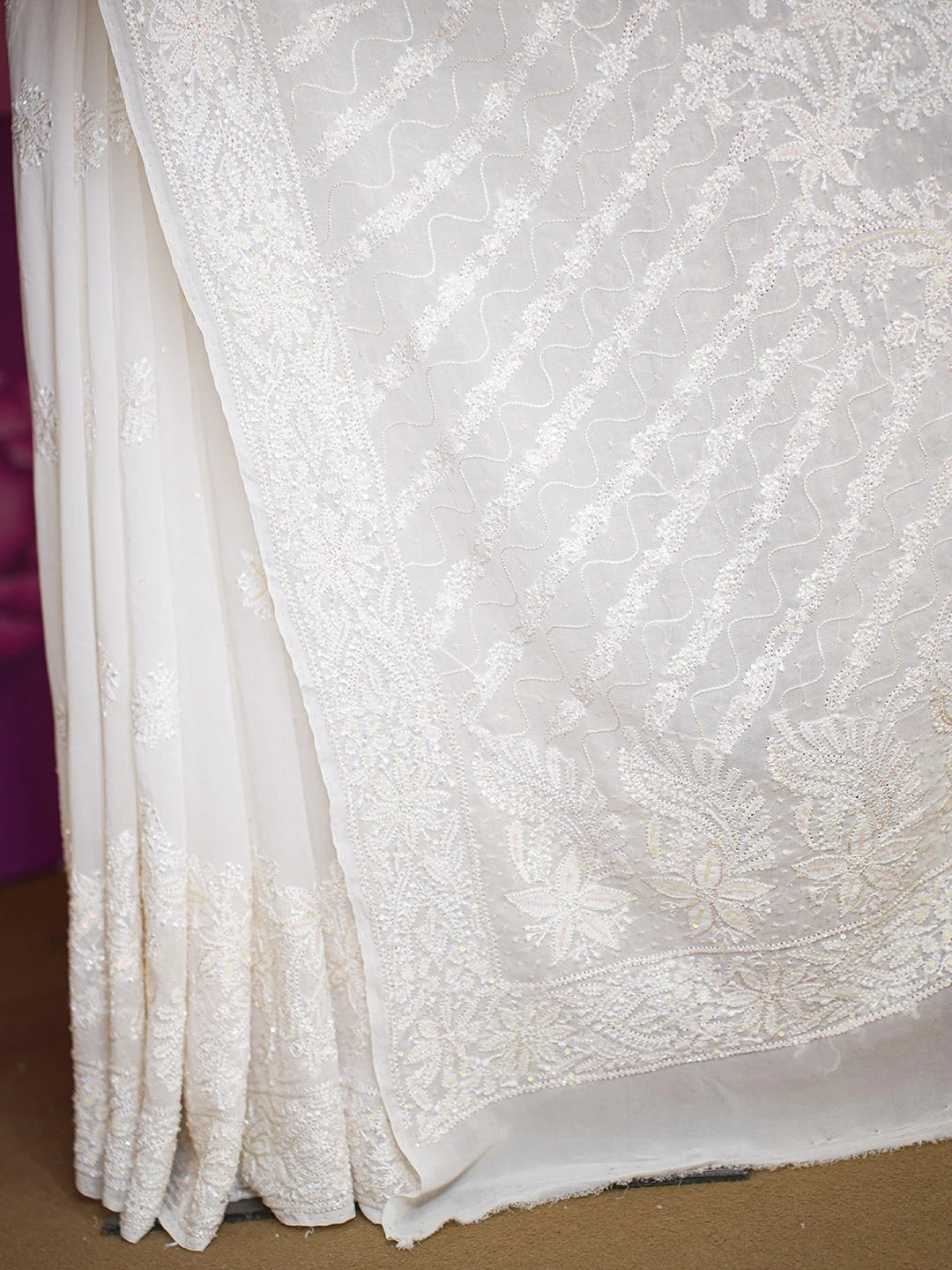 Ada Hand Embroidered White Pure Georgette Lucknowi Chikankari Saree and Blouse With Cutdana Work 01A467239