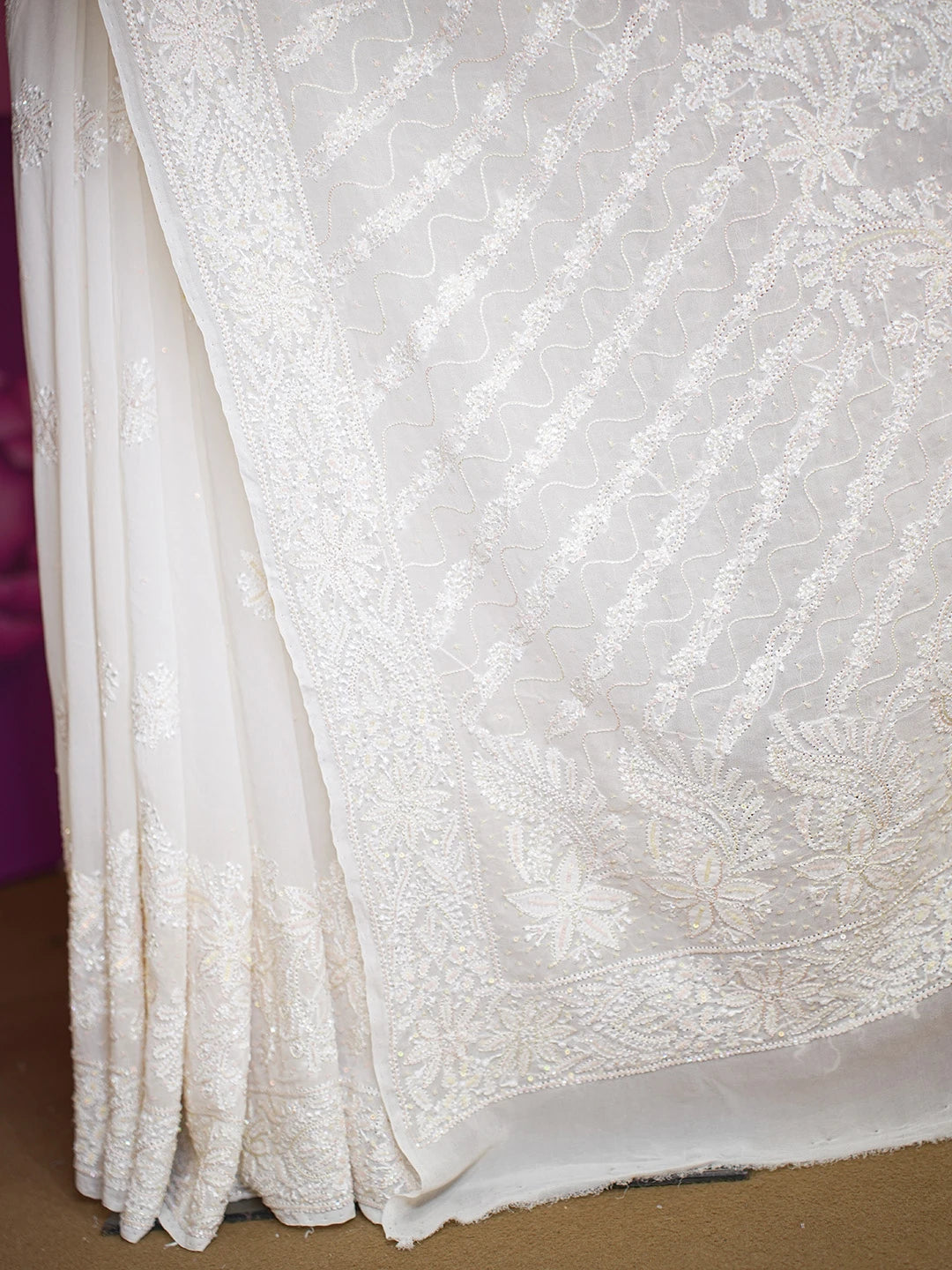 Ada Hand Embroidered White Pure Georgette Lucknowi Chikankari Saree and Blouse With Cutdana Work 01A467239