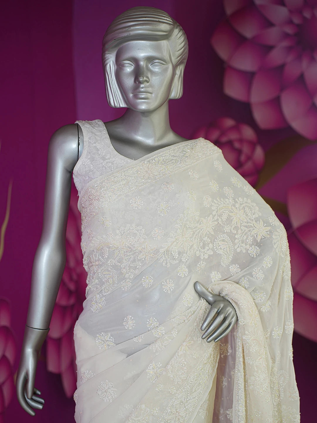 Ada Hand Embroidered White Pure Georgette Lucknowi Chikankari Saree and Blouse With Cutdana Work 01A467239