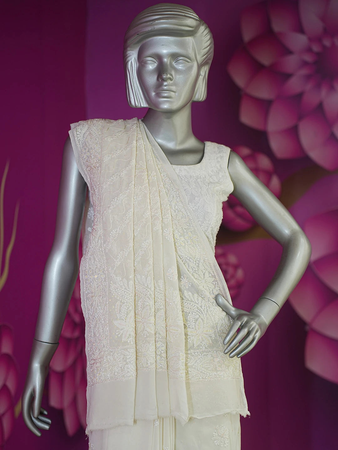 Ada Hand Embroidered White Pure Georgette Lucknowi Chikankari Saree and Blouse With Cutdana Work 01A467239