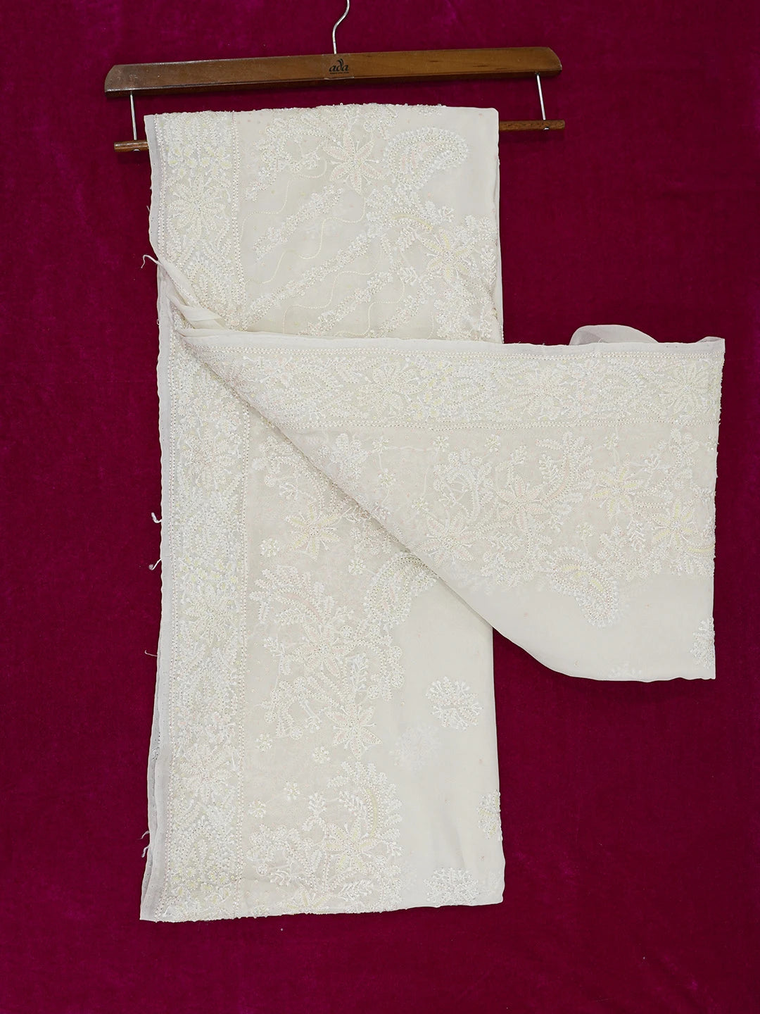 Ada Hand Embroidered White Pure Georgette Lucknowi Chikankari Saree and Blouse With Cutdana Work 01A467239