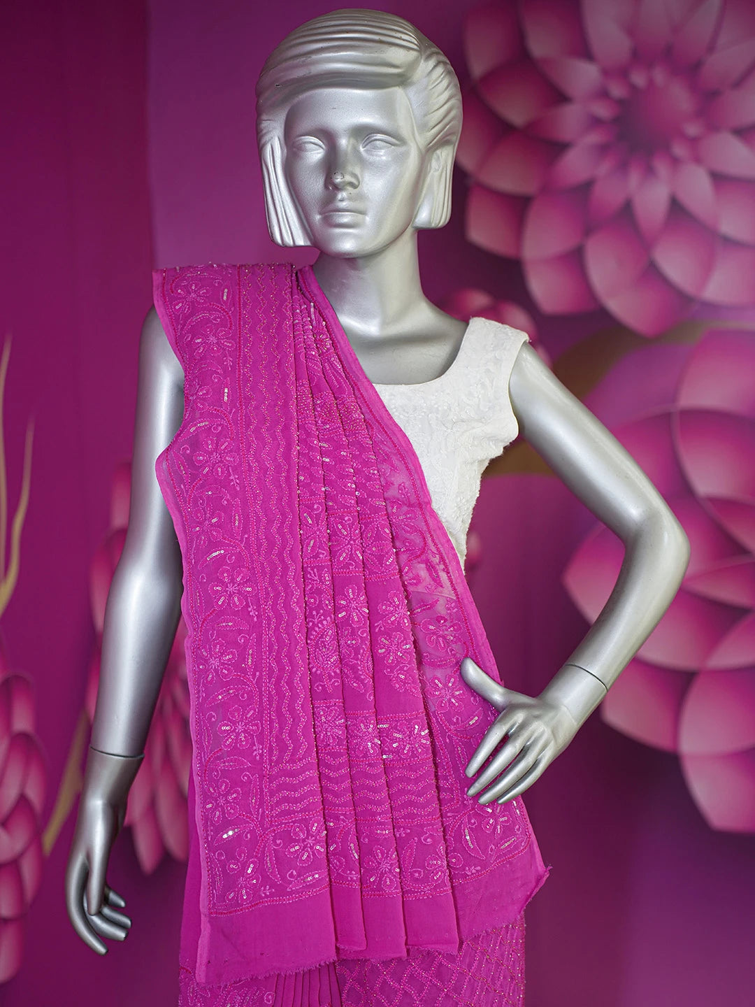 Ada Hand Embroidered Magenta Viscose Georgette Lucknowi Chikankari Saree and Blouse With Cutdana Work 01A605353