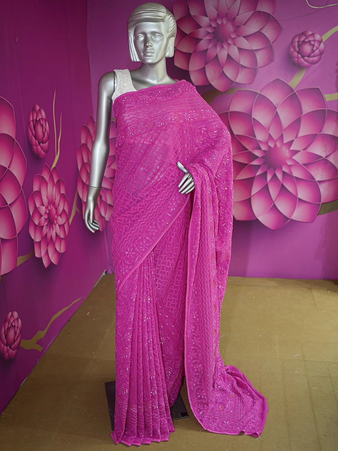Ada Hand Embroidered Magenta Viscose Georgette Lucknowi Chikankari Saree and Blouse With Cutdana Work 01A605353