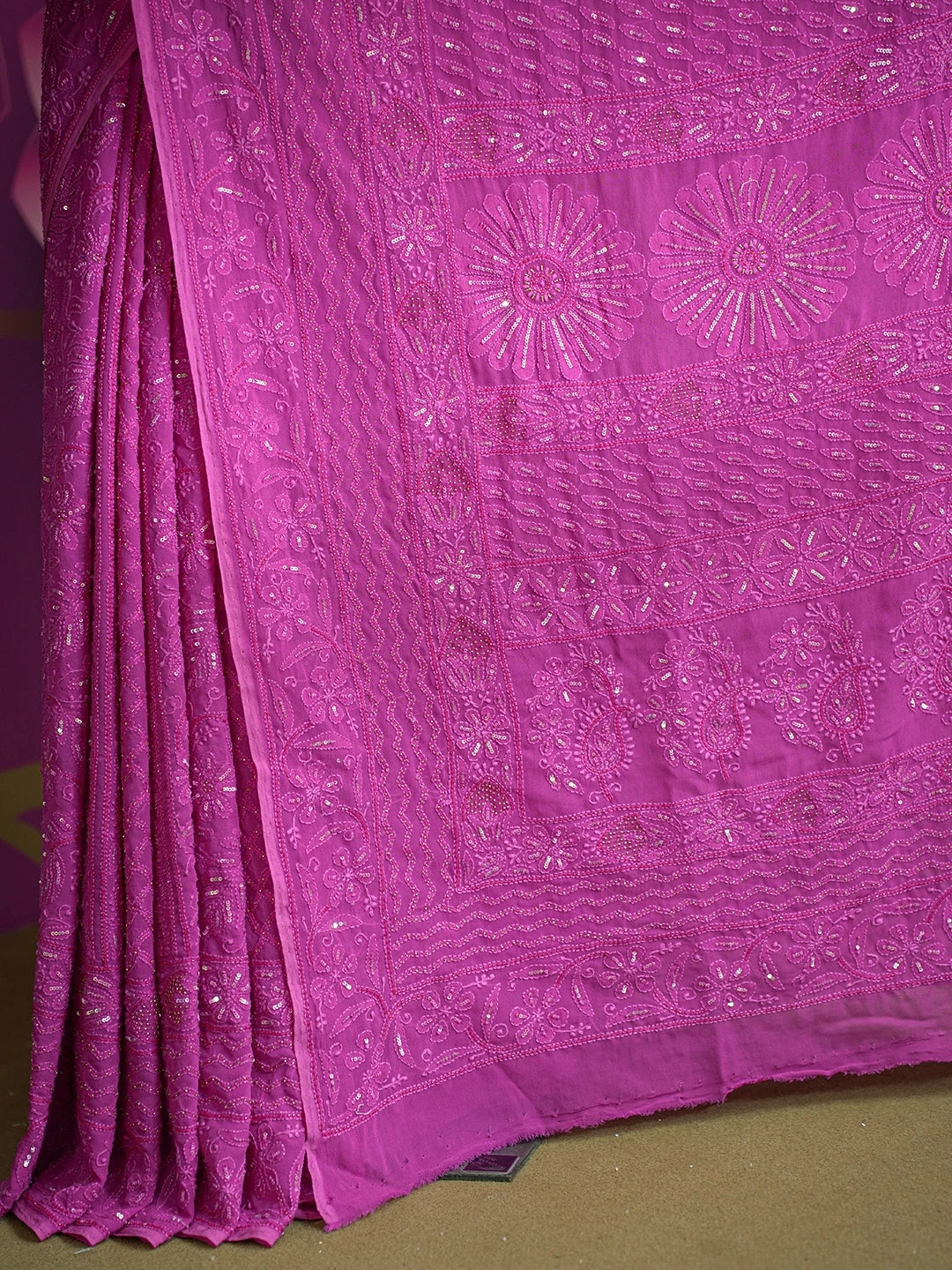 Ada Hand Embroidered Magenta Viscose Georgette Lucknowi Chikankari Saree and Blouse With Cutdana Work 01A605353