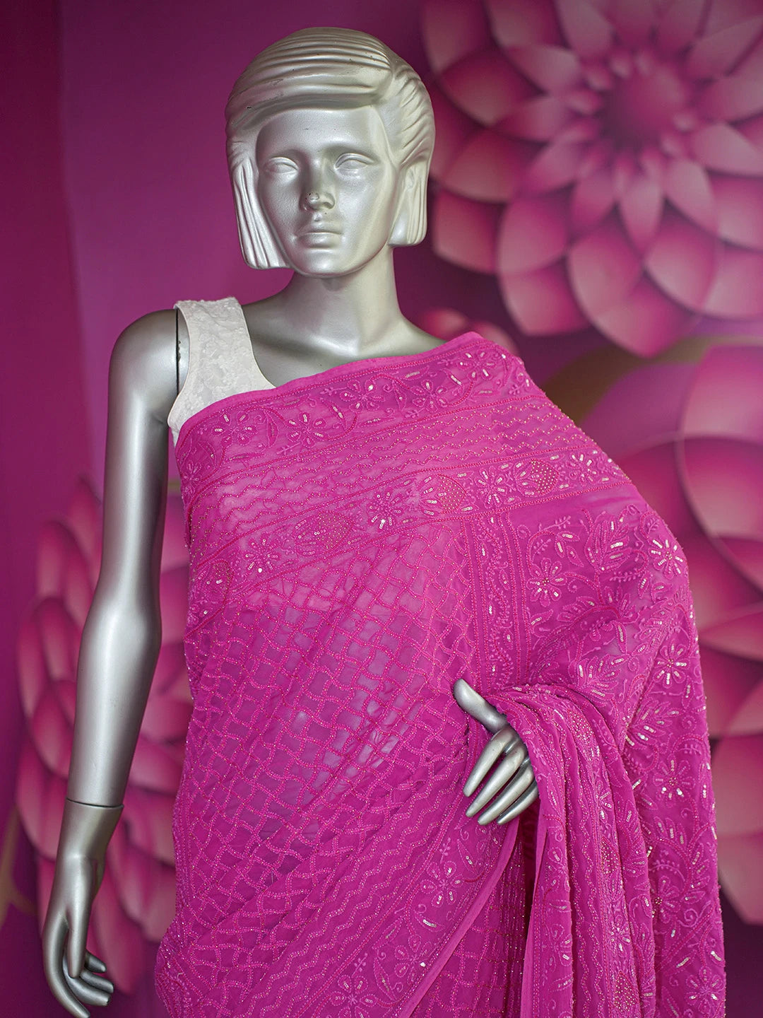 Ada Hand Embroidered Magenta Viscose Georgette Lucknowi Chikankari Saree and Blouse With Cutdana Work 01A605353