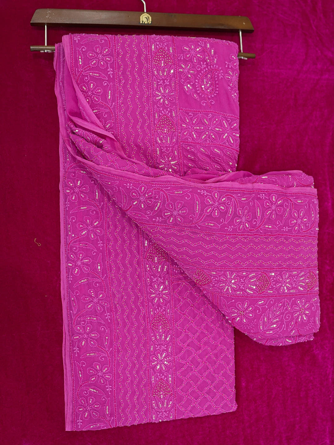 Ada Hand Embroidered Magenta Viscose Georgette Lucknowi Chikankari Saree and Blouse With Cutdana Work 01A605353