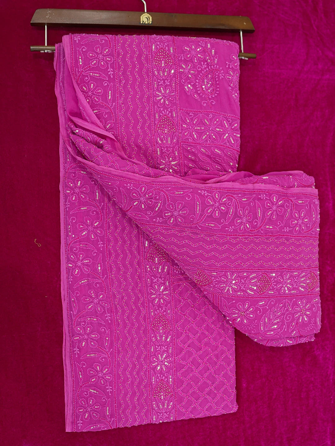 Ada Hand Embroidered Magenta Viscose Georgette Lucknowi Chikankari Saree and Blouse With Cutdana Work 01A605353