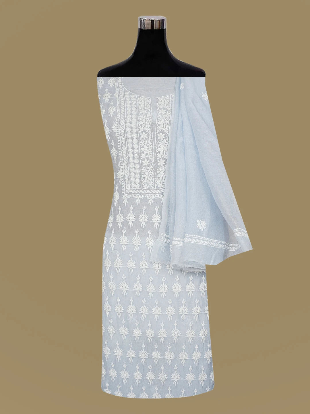 Ada Hand Embroidered Light Blue Kota Lucknowi Chikankari Unstitched Kurta Dupatta Set With Cutdana Work 01A610883