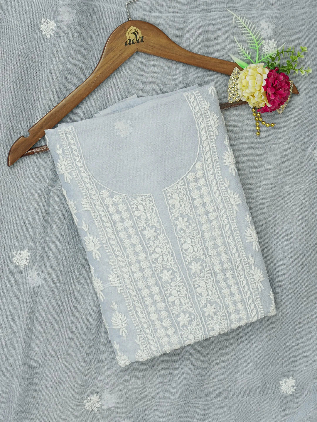 Ada Hand Embroidered Light Blue Kota Lucknowi Chikankari Unstitched Kurta Dupatta Set With Cutdana Work 01A610883