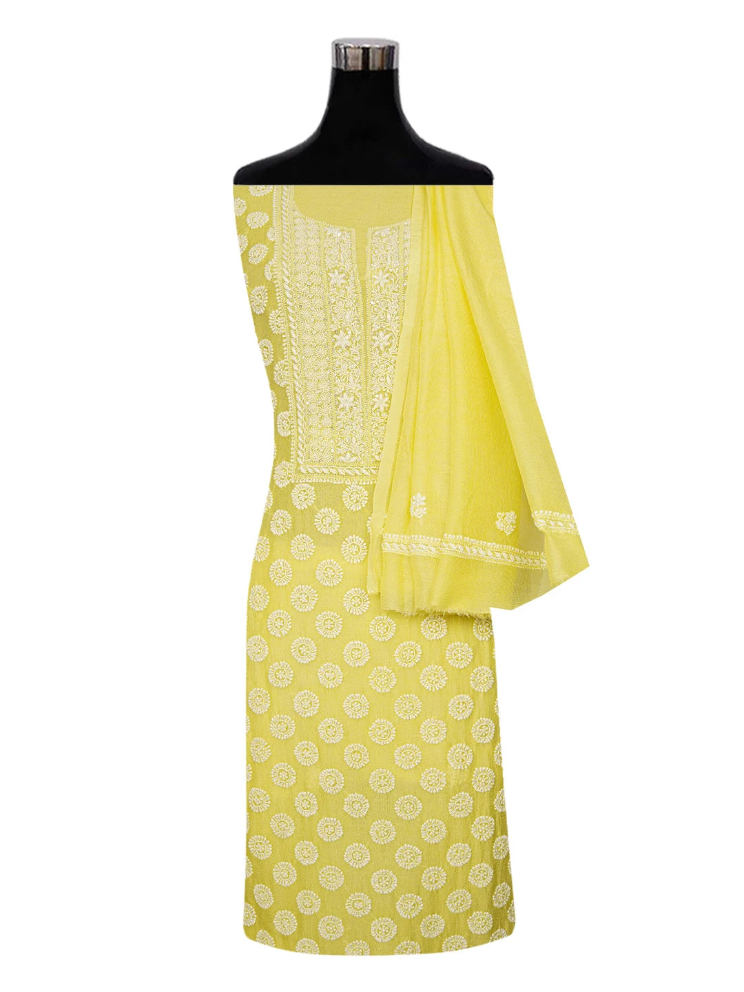 Ada Hand Embroidered Yellow Kota Lucknowi Chikankari Unstitched Kurta Dupatta Set with Cutdana and Sequinned Work 01A610881