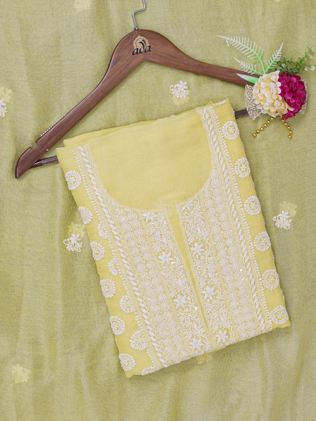 Ada Hand Embroidered Yellow Kota Lucknowi Chikankari Unstitched Kurta Dupatta Set with Cutdana and Sequinned Work 01A610881