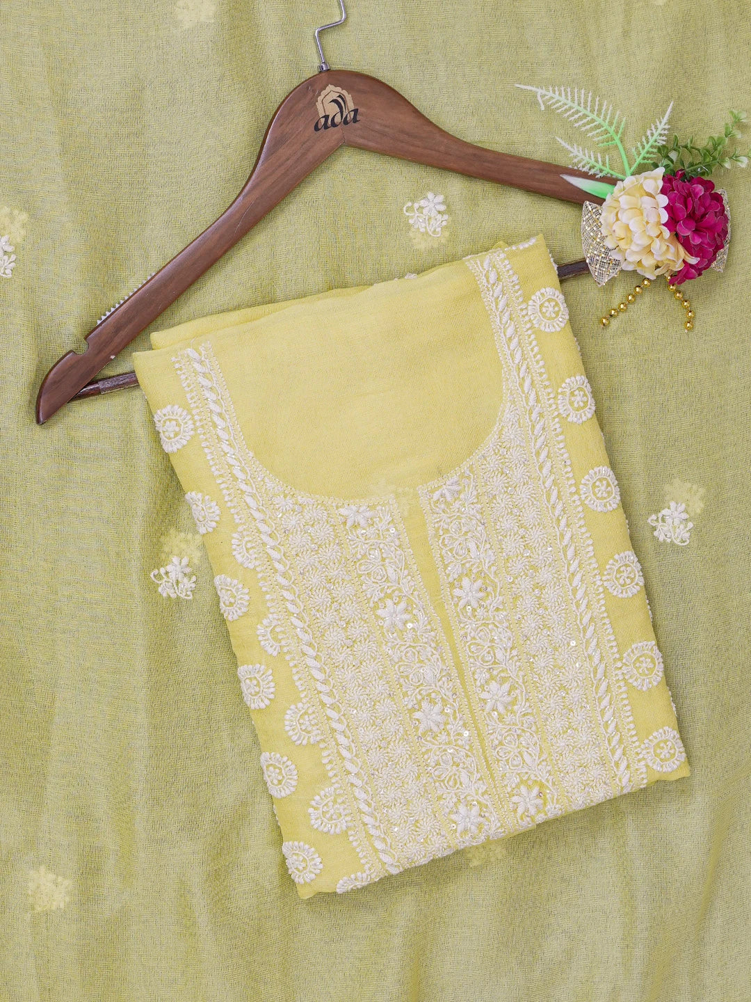 Ada Hand Embroidered Yellow Kota Lucknowi Chikankari Unstitched Kurta Dupatta Set with Cutdana and Sequinned Work 01A610881