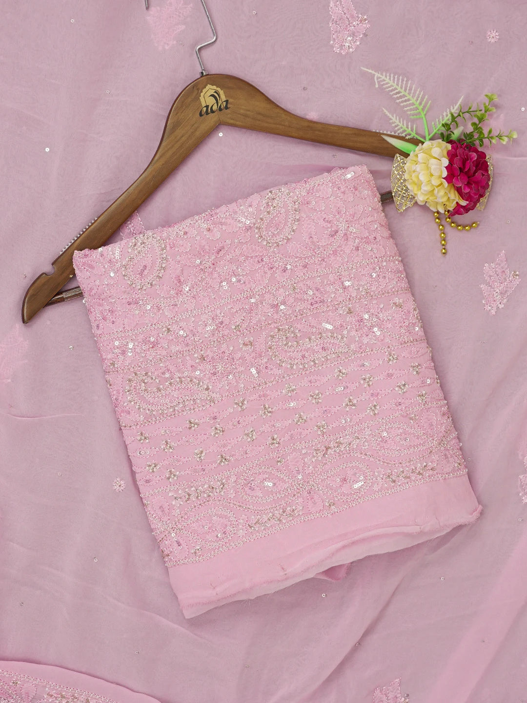 Ada Hand Embroidered Pink Viscose Georgette Lucknowi Chikankari Unstitched Kurta Dupatta Set With Cutdana Work 01A578933