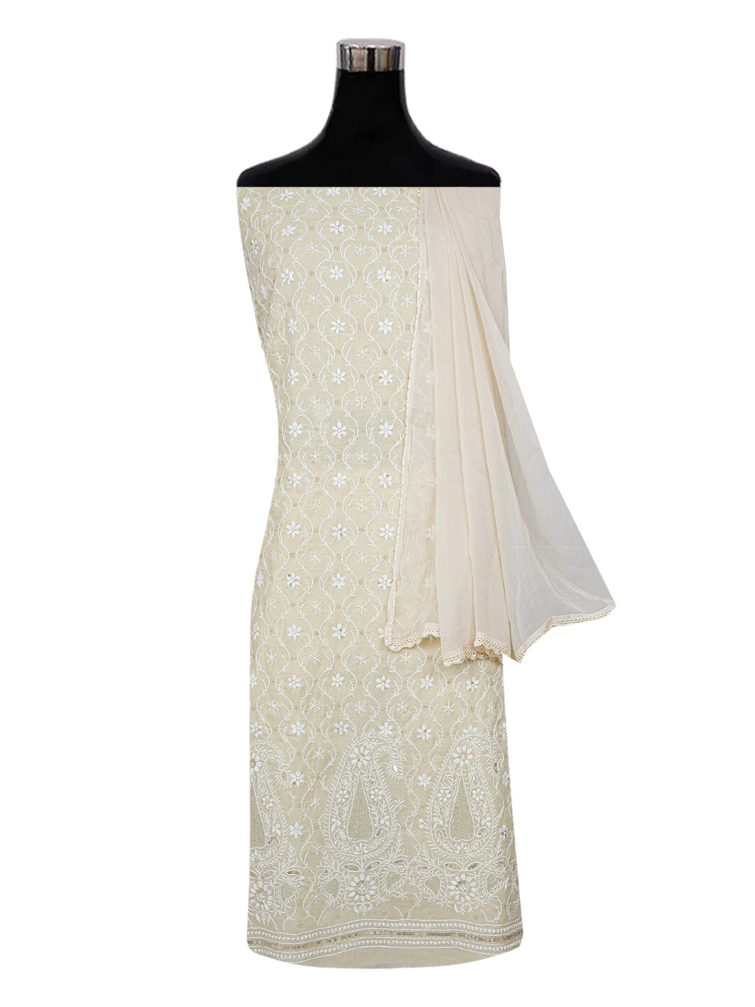Ada Hand Embroidered Fawn Cotton Lucknowi Chikankari Unstitched Suit Piece With Cutdana Work 01A559170