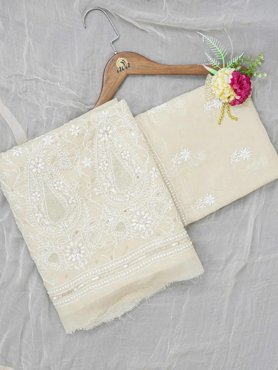 Ada Hand Embroidered Fawn Cotton Lucknowi Chikankari Unstitched Suit Piece With Cutdana Work 01A559170